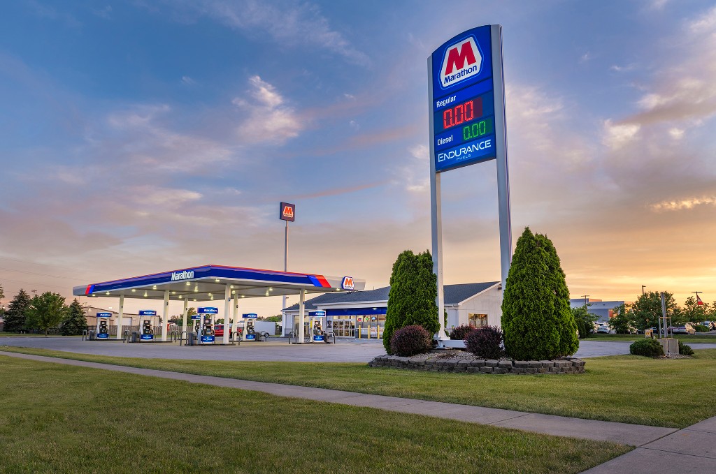 Retail fuel station at dusk