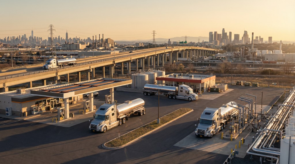 Aerial view of a fuel terminal with silver tanker trucks, canopies, storage tanks, and highway bridge at sunset