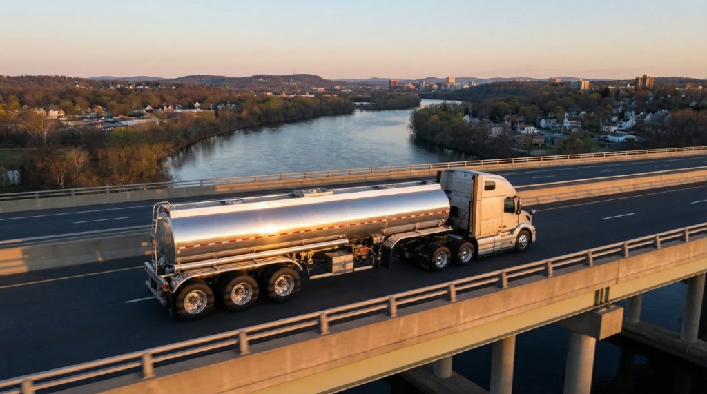 Silver tanker truck crossing an elevated highway bridge over a river at golden hour