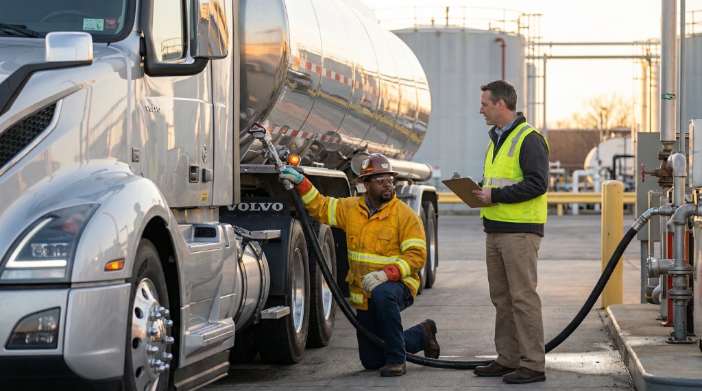 Workers in safety gear connecting a hose to a silver Volvo tanker at an industrial fuel depot