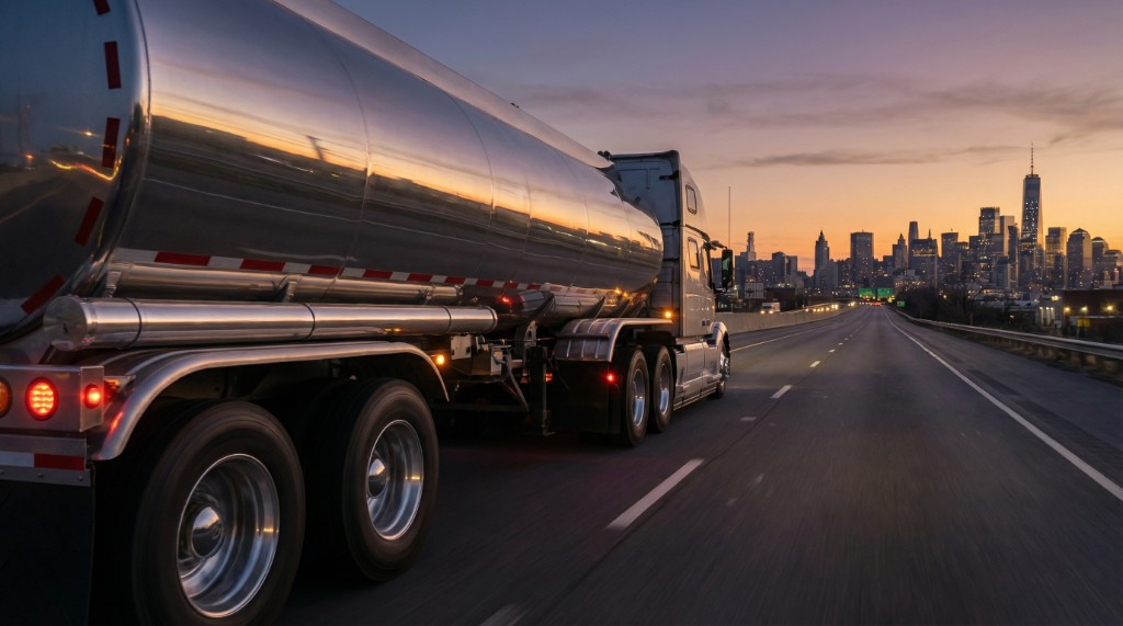 Silver tanker on a multi-lane highway at dusk with city skyline and sunset sky